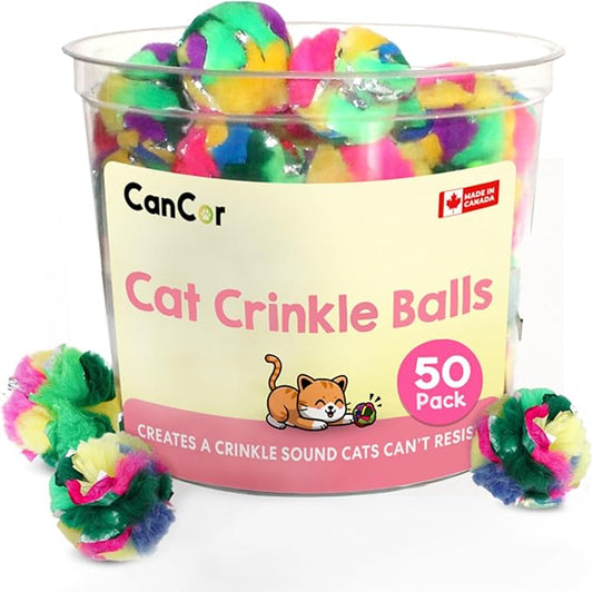 Cat Crinkle Balls 1.5 Inch (50-Pack) - Mini Crinkle Cat Toys for Indoor Cats - Multi-Color Crinkle Cat Toy - Cat Toys Crinkle Balls to Keep Fit and Active - Canadian-Made Crinkle Balls for Cats - PAWPICO