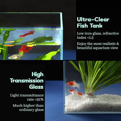 10 Gallon Ultra Clear Glass Fish Tank, Rimless Low Iron Aquarium for Betta/Nano/Goldfish/Snail/Shrimp, Big Fish Tank & Cover Set & Feeding Ring & Cleaning Tools LAQUAL