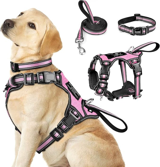 WINSEE Pet Harness Collar and Leash Set, All-in-one Reflective Dog Harness No Pull with Adjustable Buckles for Puppies, Small, Medium, Large, and Extra-Large Dogs (Large, Pink) - PAWPICO