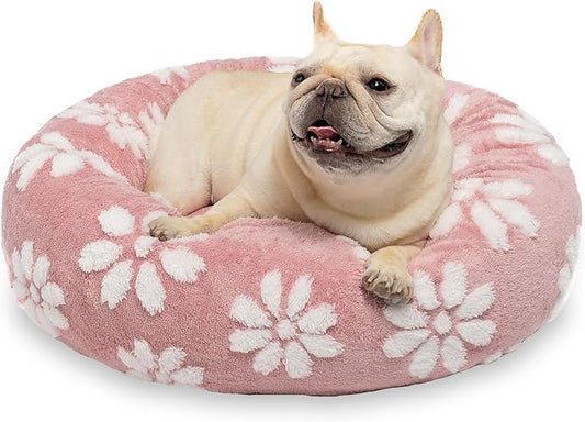 Donut Dog Beds for Small Dogs, Calming Round Cat Beds for Indoor Cats, Cute 3D Textured Flower Pet Bed with Removable Washable Cover and Anti-Slip Bottom（Pink，23"） - PAWPICO