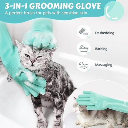 Pecute Heat Resistant Pet Grooming Gloves, Green, with High-Density Teeth, Silicone Bathing and Massaging Gloves for Dogs and Cats - PAWPICO