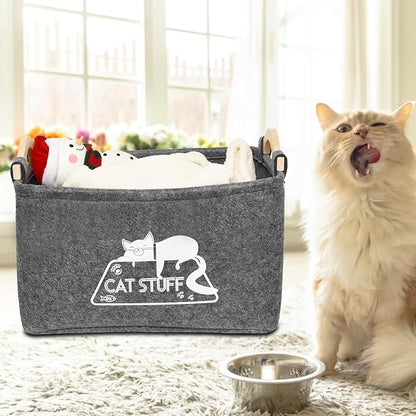 Cat Toy Box, Cat Toy Storage Basket with Handles, Felt Pet Toy Basket Pet Supplies Storage Bin, Perfect for Organizing Cat Toys and Accessories - PAWPICO