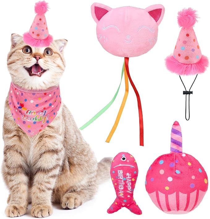 BINGPET Catnip Toys for Indoor Cats, Cat Birthday Hat and Interactive Plush Kitten Chew Toys - Cute Cake, Fish, Balloon Toys with Crinkle Paper and Catnip Inside Pink - PAWPICO