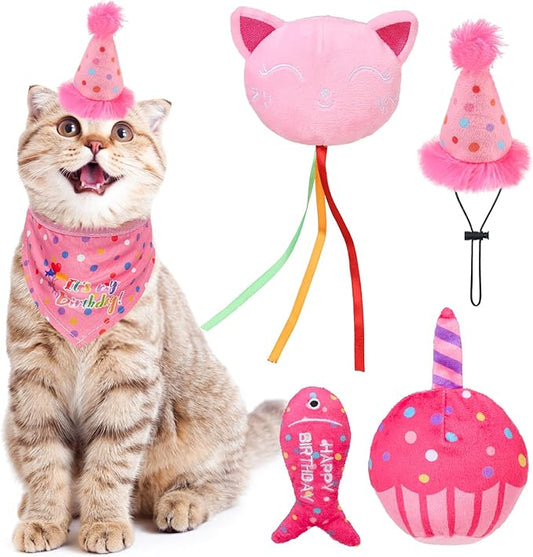 BINGPET Catnip Toys for Indoor Cats, Cat Birthday Hat and Interactive Plush Kitten Chew Toys - Cute Cake, Fish, Balloon Toys with Crinkle Paper and Catnip Inside Pink - PAWPICO