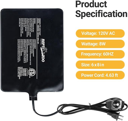 REPTI ZOO 6" X 8" Reptile Heat Pad Fast Heating Pad with Adjust Knob 8W Reptile Heat Mat for Turtles/Hermit Crabs/Bearded Dragons/Leopard Geckos/Snakes/Lizards, and Seed Germination REPTIZOO