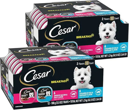 CESAR Soft Wet Dog Food Classic Loaf in Sauce Breakfast Variety Pack, (12) 3.5 oz. Easy Peel Trays, Pack of 2 - PAWPICO