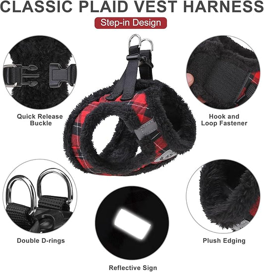 EXPAWLORER Fleece Lined Step-in Dog Harness - Soft Plush Padded Puppy Harness and Leash Set with Adjustable Dog Collar, No Pull Escape Proof Suede Dog Vest Harness for Small Dogs, Red & Black S EXPAWLORER