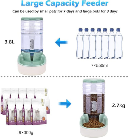 Automatic Dog Cat Feeder and Water Dispenser Gravity Food Feeder and Waterer Set with Pet Food Bowl for Small Medium Dog Puppy Kitten, Large Capacity 1 Gallon x 2 - PAWPICO