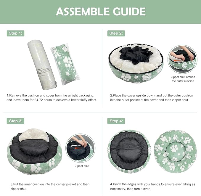 Donut Dog Beds for Small Dogs, Calming Round Cat Beds for Indoor Cats, Cute 3D Textured Paw Pet Bed with Removable Washable Cover and Anti-Slip Bottom（Green，20"） - PAWPICO