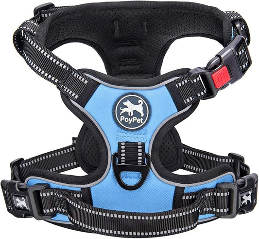 PoyPet No Pull Dog Harness, No Choke Front Lead Dog Reflective Harness, Adjustable Soft Padded Pet Vest with Easy Control Handle for Small to Large Dogs(Light Blue,S) PoyPet
