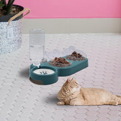 Triple Cat Bowls,15°Tilt 3-in-1 Water Feeder Bowls Cat Double Food Bowls with Automatic Water Bottle Bowl, Whisker Friendly Wet and Dry Cat Elevated Feeding Dishes for Small Cat and Puppy (Navy Blue) - PAWPICO