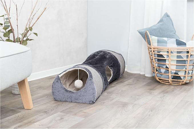 TRIXIE Cat Tunnel for Indoor Cats - Cozy Peekaboo Cat Cave Including Dangling Cat Toys - with Sturdy Sisal Scratching Surfaces - Collapsable and Easy to Store Cat Tube - in Gray - PAWPICO