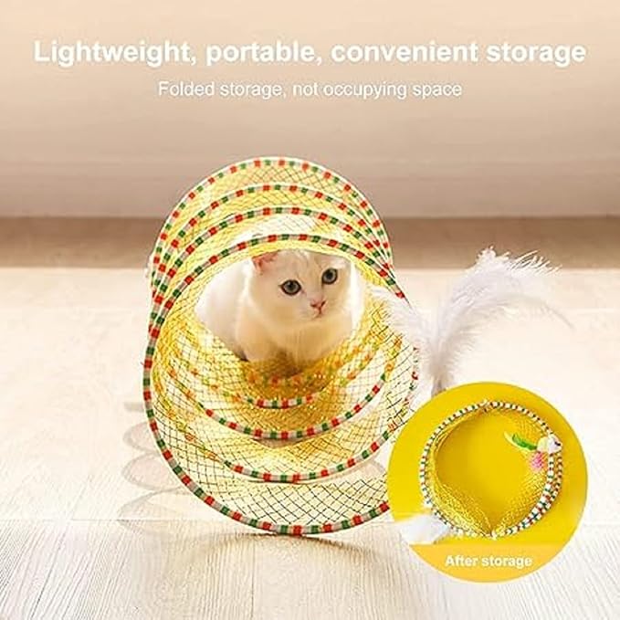 2Pcs Folded Cat Tunnel Toy for Indoor Cats,Collapsible Pet Spring Cat Toys with Feather Mouse Upgrade Interactive Toy Playing Tent for Puppy Kitten Accessories Home Self-Happy Cat Toys (Yellow) - PAWPICO