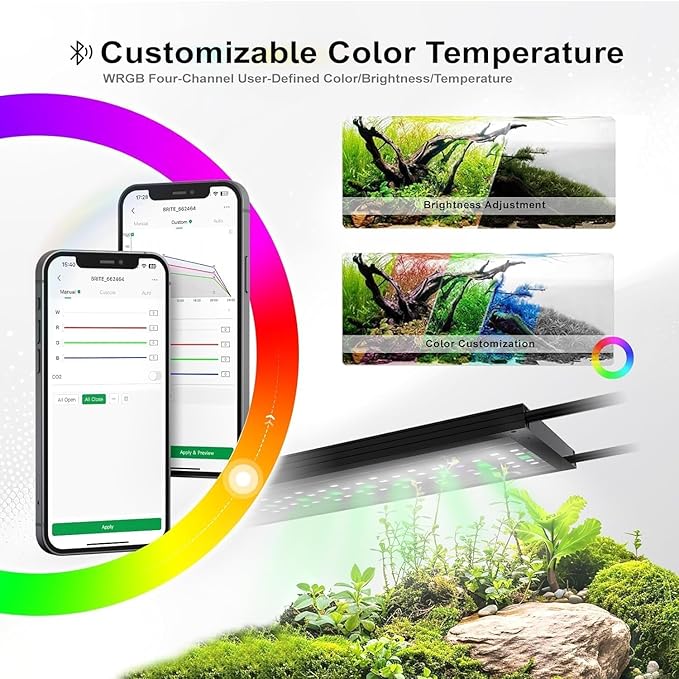 MagTool Brite Series Auto Aquarium LED Light with App-Controlled RGB+W LEDs, ADA Style Extendable Bracket, Supports Custom Sunrise/Sunset Colors in Manual/Auto/Custom Modes (Brite 60) MagTool