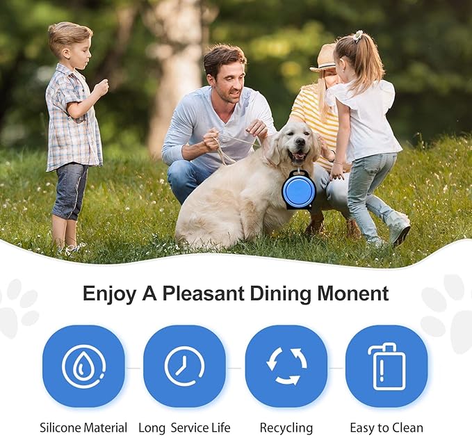 Collapsible Silicone Cat and Dog Travel Bowls,2 in 1 Foldable Pet Feeding and Watering Dish for Walking Camping Hiking with Carabiner (Blue) - PAWPICO