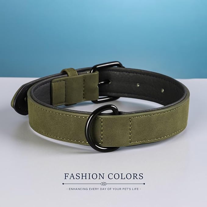 Didog Soft Padded Leather Dog Collar, Breathable Heavy Duty Dog Collar Leather with Adjustable Rust-Proof Metal Buckle for Small Medium Large Dogs, Dark Green, L Didog