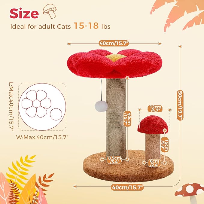 PETEPELA Cat Scratching Post, Mushroom Cat Scratcher Cute Cat Tree Tower with Thick Scratching Post & Removable Flower Cat Bed [Dia=15.7''], Tall Cat Post for Kittens and Indoor Small Cats, Brown - PAWPICO