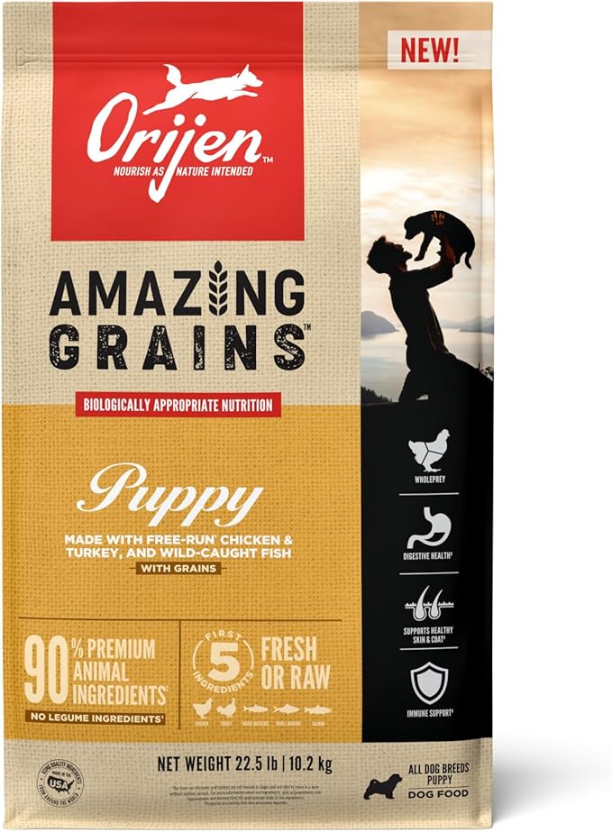 ORIJEN Amazing Grains Puppy Dry Dog Food, High Protein Dog Food for Puppies, Fresh or Raw Ingredients, 22.5lb - PAWPICO