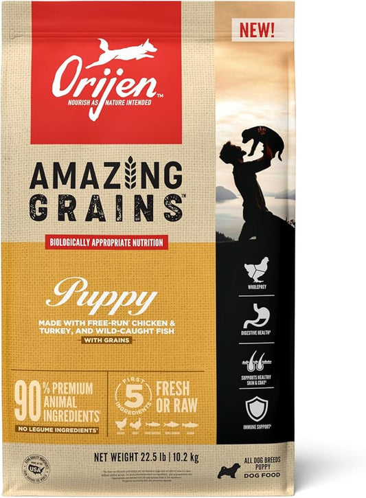 ORIJEN Amazing Grains Puppy Dry Dog Food, High Protein Dog Food for Puppies, Fresh or Raw Ingredients, 22.5lb - PAWPICO