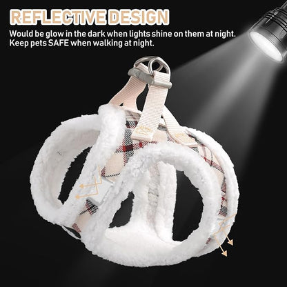 GAMUDA Small Dog Harness Collar and Leash Set, Step in No Chock No Pull Soft Mesh Adjustable Dog Vest Harnesses Plaid Reflective for Dogs Puppy Cats Kitten Rabbit (Warm Beige, XXXS) GAMUDACollarsCollection