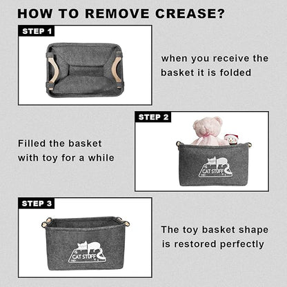Cat Toy Box, Cat Toy Storage Basket with Handles, Felt Pet Toy Basket Pet Supplies Storage Bin, Perfect for Organizing Cat Toys and Accessories - PAWPICO