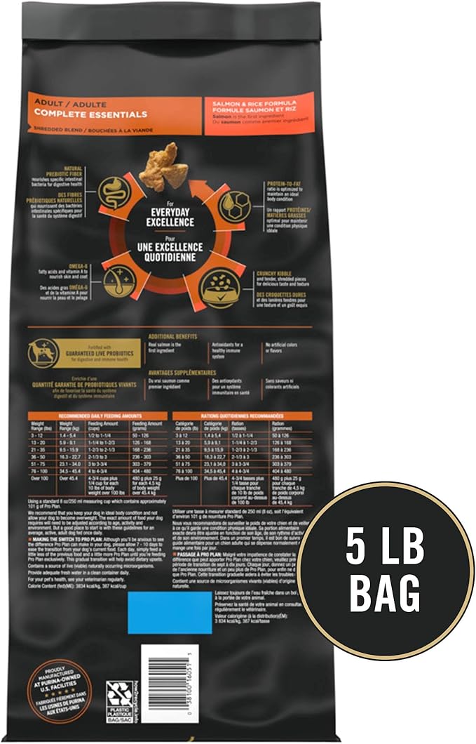 Purina Pro Plan Complete Essentials Shredded Blend Salmon and Rice Dog Food Dry Formula with Probiotics for Dogs - 5 lb. Bag - PAWPICO