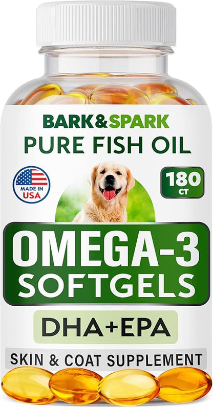 BARK&SPARK Omega 3 for Dogs - 180 Fish Oil Softgels for Dog Shedding, Skin Allergy, Itch Relief, Hot Spots Treatment - Joint Health - Skin and Coat Supplement - EPA & DHA Fatty Acids - Salmon Oil BARKSPARK