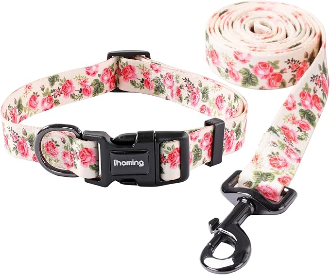 Ihoming Dog Collar and Leash Set for Daily Outdoor Walking Running Training, Pink Flowers Design for Medium Boys Girls Dogs Cats Pets, M-Up to 45LBS Ihoming