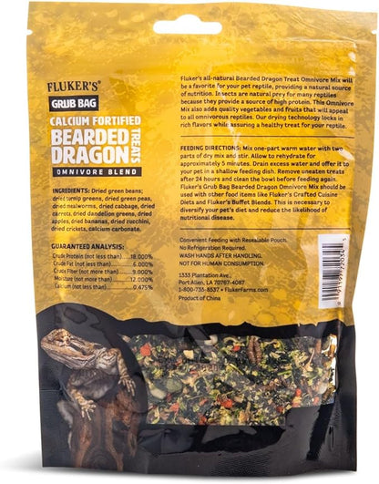 Fluker's Grub Bag Calcium Fortified Treats, All Natural Omnivore Blend Packed with Protein, Fruits, and Vegetables, for Bearded Dragons and Reptiles, 4 oz Flukers