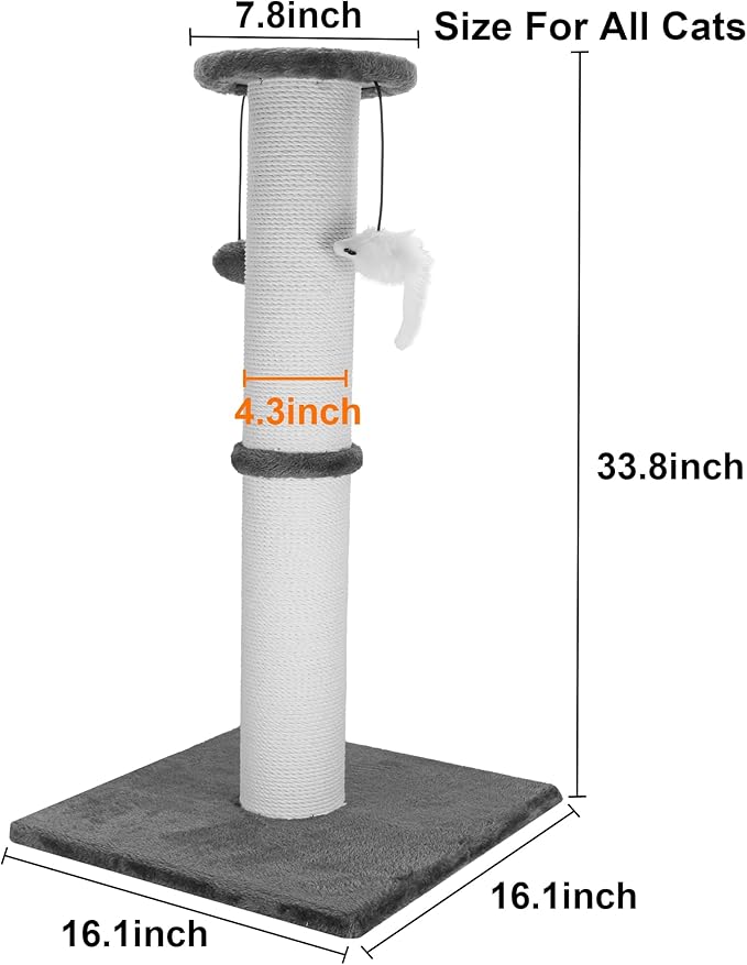 Cat Scratching Post 34 Inches Heavy Duty and Thicker Cat Scratching Post Sisal Rope with Hanging Ball and Mice Scratching Post for Indoor Cats and Adult(Grey) - PAWPICO