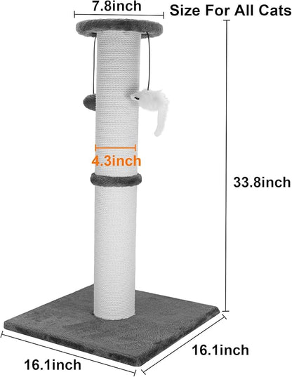 Cat Scratching Post 34 Inches Heavy Duty and Thicker Cat Scratching Post Sisal Rope with Hanging Ball and Mice Scratching Post for Indoor Cats and Adult(Grey) - PAWPICO