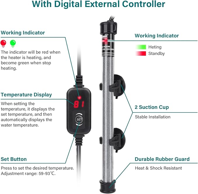 hygger Submersible Aquarium Heater, 100W 150W 200W 300W Adjustable Fish Tahk Heater with Temperature Controller, LED Display, Small Aquarium Betta Heater for up to 20/26/40/48 Gallons hygger