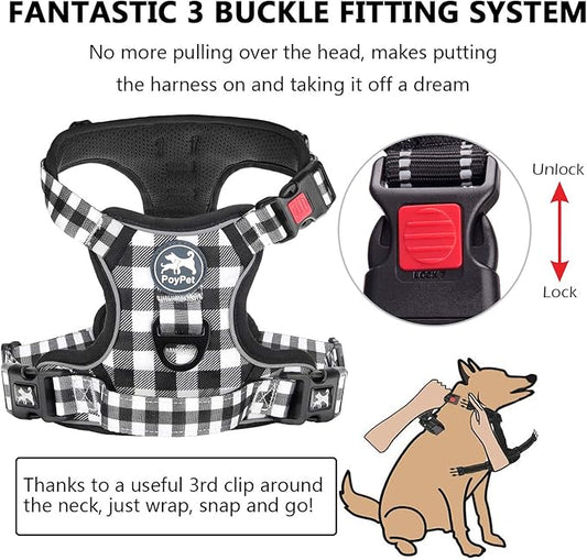 PoyPet No Pull Dog Harness, [Neck Release] Reflective Adjustable No Choke Pet Vest with Front & Back 2 Leash Attachments, Soft Control Training Handle for Small Dogs(Grid,S) PoyPet