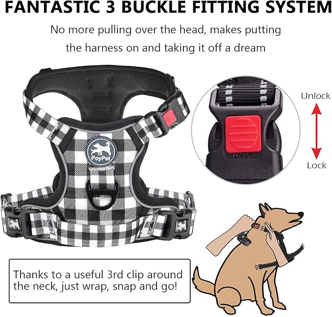 PoyPet No Pull Dog Harness, [Neck Release] Reflective Adjustable No Choke Pet Vest with Front & Back 2 Leash Attachments, Soft Control Training Handle for Small Dogs(Grid,XL) PoyPet