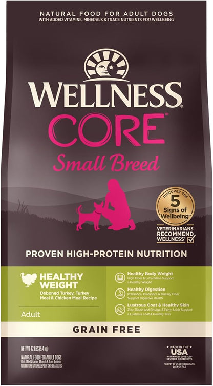 Wellness Natural Pet Food CORE Grain-Free High-Protein Small Breed Dry Dog Food, Natural Ingredients, Made in USA with Real Meat (Adult, Healthy Weight, 12-Pound Bag) - PAWPICO