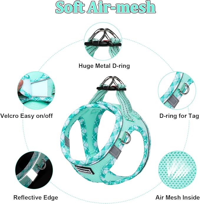 Mercano Soft Mesh Dog Harness and Leash Set, No-Chock Step-in Reflective Breathable Lightweight Easy Walk Escape Proof Vest Harnesses with Safety Buckle for Small Medium Dogs, Cats (Light Green, XL) PAWPICO