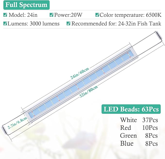 HITOP Full Spectrum LED Aquarium Light – 24-32" Classic Fish Tank Light with Timer, Aquarium Plant Light with Stable Extendable Brackets (24-32in) HITOP-FocusonAquarium