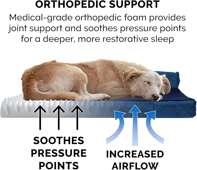 Furhaven Orthopedic Dog Bed for Large/Medium Dogs w/ Removable Bolsters & Washable Cover, For Dogs Up to 55 lbs - Plush & Velvet L Shaped Chaise - Deep Sapphire, Large - PAWPICO