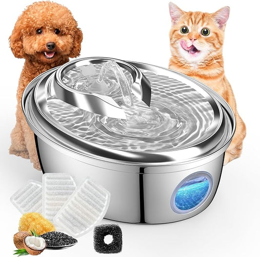 ORSDA Stainless Steel Cat Water Fountain, Automatic Pet Water Fountain, 100oz/3L Drinking Fountain Dog Water Dispenser with Water Level Window- 4Pcs Filters (D66) - PAWPICO