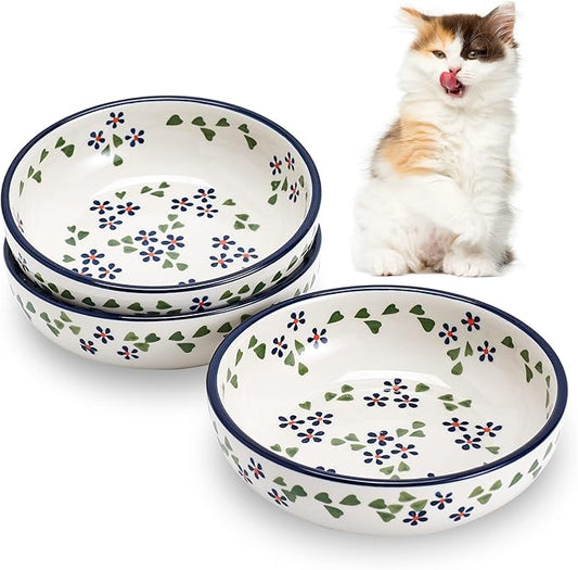 Ceramic Cat Bowls, Howise 5.3 in Cat Food Bowl, Cat Dishes for Food and Water, 3 Pack Shallow Pet Bowls for Indoor Cats, Floral Blue - PAWPICO