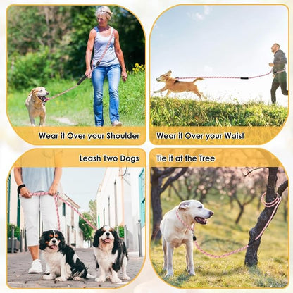 Lukovee Hands Free Dog Leash, 10FT Adjustable Dog Training Leash 1/2 Inch Nylon Heavy Duty Lead No Pull for Large Medium Dogs, Tangle Free Reflective Waist Leash for Dog Walking Running, Pink - PAWPICO