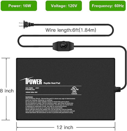 iPower 8 by 12-Inch 16 Watts Reptile Heating Mat with Temperature Controller Under Tank Warmer Terrarium Heat Pad for Reptiles and Amphibians, Black iPower