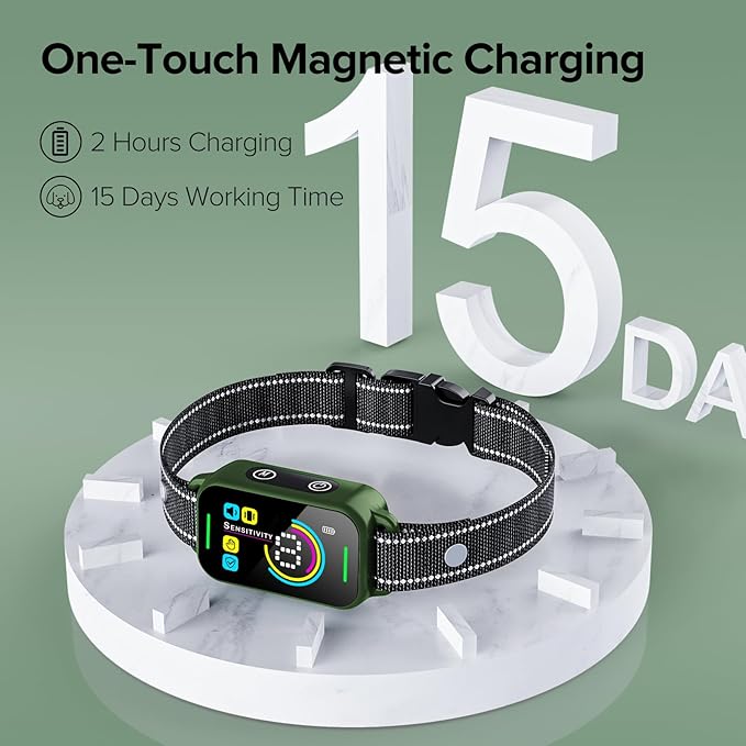 Dog Bark Collar, DINJOO Bark Collar for Large Medium Small Dogs,Smart Bark Collar,Rechargeable Anti Barking Training Collar with 8 Adjustable Sensitivity,Bark Collar with Beep（Dark Green） DINJOO