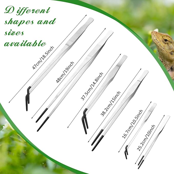 Lasnten 2 Pcs Extra Long Stainless Steel Reptile Feeding Tongs with Rubber Tip Bearded Dragon Aquarium Straight and Curved Long Tweezer Terrarium Feeder Tool for Tank(Silver, 15 Inch) Lasnten