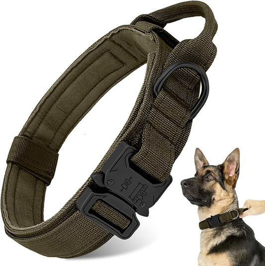 Tactical Dog Collar - Military Dog Collar, Adjustable Heavy Duty Metal Buckle Nylon Dog Collar with Control Handle for Small Medium Large Dogs, (Green, L) ANTSWISH