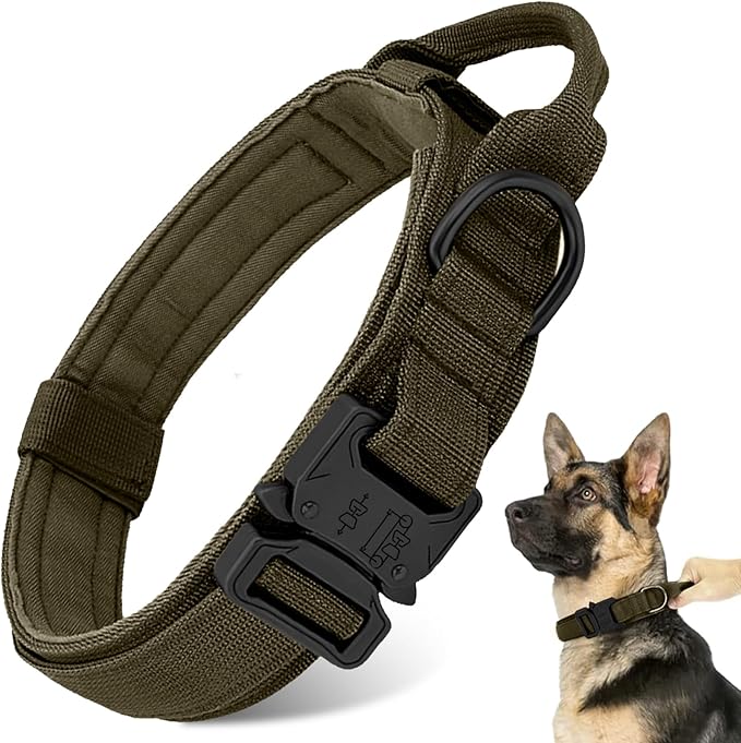 Tactical Dog Collar - Military Dog Collar, Adjustable Heavy Duty Metal Buckle Nylon Dog Collar with Control Handle for Small Medium Large Dogs (Green, M) ANTSWISH