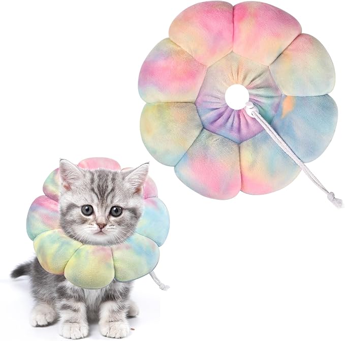 Flower Cat Cone, Uadonile Adjustable Cat Cone Collar, Soft Dog Elizabethan Collar Recovery E Collar After Surgery, Recovery E-Collar for Kittens/Puppies and Cats Recovery(Tie-dye Pink Blue, S) Uadonile