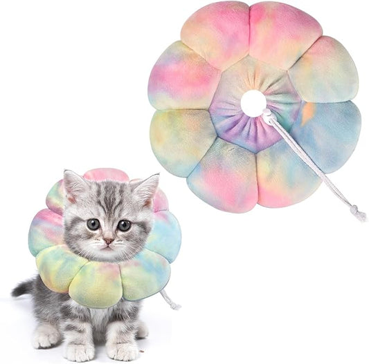 Flower Cat Cone, Uadonile Adjustable Cat Cone Collar, Soft Dog Elizabethan Collar Recovery E Collar After Surgery, Recovery E-Collar for Kittens/Puppies and Cats Recovery(Tie-dye Pink Blue, S) Uadonile
