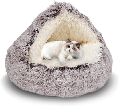 ShinHye Cat Bed Round Plush Fluffy Hooded Cat Bed Cave, Cozy for Indoor Cats or Small Dog beds, Soothing Pet Beds Doughnut Calm Anti-nxiety Dog Bed - Waterproof Bottom Washable (26×26inch, Coffee) - PAWPICO