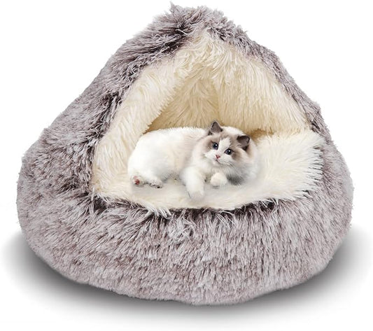 ShinHye Cat Bed Round Plush Fluffy Hooded Cat Bed Cave, Cozy for Indoor Cats or Small Dog beds, Soothing Pet Beds Doughnut Calm Anti-nxiety Dog Bed - Waterproof Bottom Washable (26×26inch, Coffee) - PAWPICO